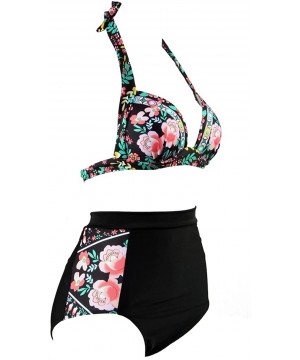 Women's 2 Piece Swimsuits Floral Print Halter High Waisted Bikini Sets - Black - C912EEO705H $15.50-Sets