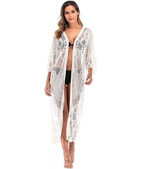 Womens Summer Lace Crochet Beach Swimsuit Kimono Cover Ups Long Open Front Cardigan - A-apricot 2 - CM193II3Z62 $21.21-Cover-Ups