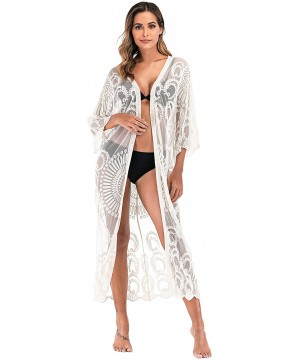 Womens Summer Lace Crochet Beach Swimsuit Kimono Cover Ups Long Open Front Cardigan - A-apricot 2 - CM193II3Z62 $21.21-Cover-Ups