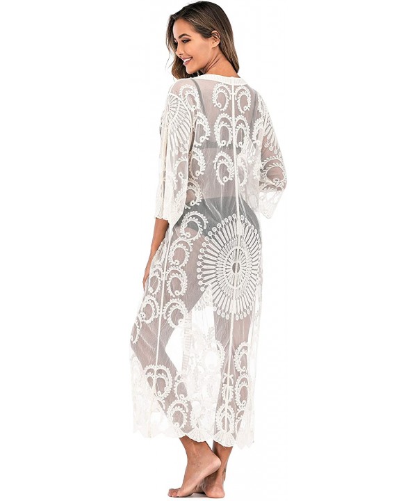 Womens Summer Lace Crochet Beach Swimsuit Kimono Cover Ups Long Open Front Cardigan - A-apricot 2 - CM193II3Z62 $21.21-Cover-Ups