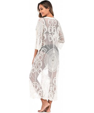 Womens Summer Lace Crochet Beach Swimsuit Kimono Cover Ups Long Open Front Cardigan - A-apricot 2 - CM193II3Z62 $21.21-Cover-Ups