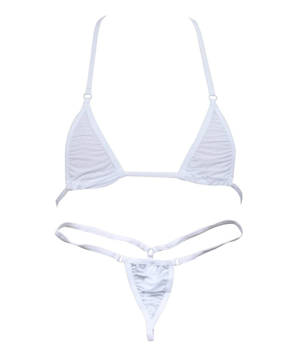 Women Micro G-String Bikini 2 Piece Sliding Top Thong Small Bra - White - CJ11W0UNWGT $14.74-Sets