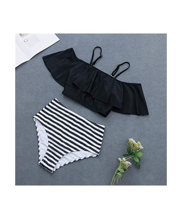 Women Two Piece Swimsuit Ruffle Top High Waist Halter Bikini Set - Style1 Black - CD18NUZKAUT $12.07-Sets