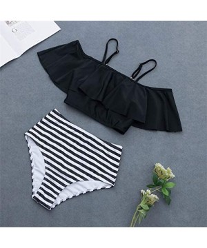 Women Two Piece Swimsuit Ruffle Top High Waist Halter Bikini Set - Style1 Black - CD18NUZKAUT $12.07-Sets