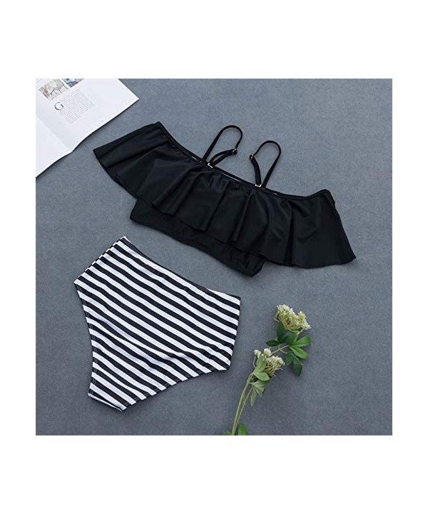 Women Two Piece Swimsuit Ruffle Top High Waist Halter Bikini Set - Style1 Black - CD18NUZKAUT $12.07-Sets