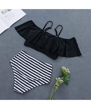 Women Two Piece Swimsuit Ruffle Top High Waist Halter Bikini Set - Style1 Black - CD18NUZKAUT $12.07-Sets