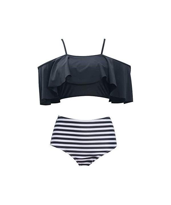 Women Two Piece Swimsuit Ruffle Top High Waist Halter Bikini Set - Style1 Black - CD18NUZKAUT $12.07-Sets