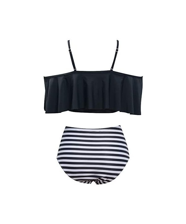 Women Two Piece Swimsuit Ruffle Top High Waist Halter Bikini Set - Style1 Black - CD18NUZKAUT $12.07-Sets