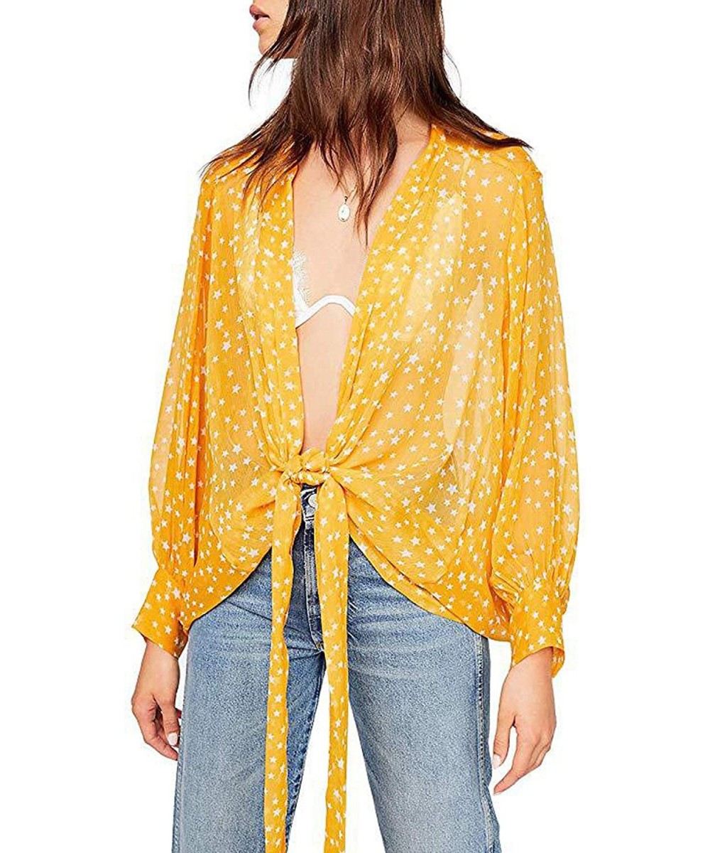 Women's Tie Front Kimono Sheer Chiffon Leopard Star Print Puff Sleeves Beach Cover Up Open Front Blouse Top Yellow Star - CF1...