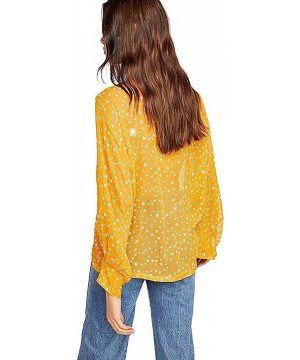 Women's Tie Front Kimono Sheer Chiffon Leopard Star Print Puff Sleeves Beach Cover Up Open Front Blouse Top Yellow Star - CF1...