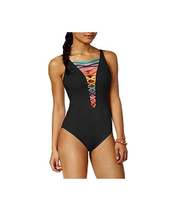 Women One-Piece Swimsuit Deep V Neck Lace Up Lattice Front Rainbow Tie Bikini - Black - CH18TA8G245 $29.69-One-Pieces