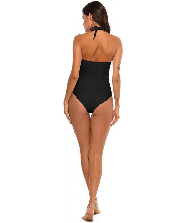 Womens One Piece Swimsuit Tummy Control Bathing Suit Halter Neck Ruched Swimwear - Black - CZ194X2WMQ0 $21.38-One-Pieces