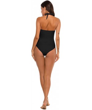 Womens One Piece Swimsuit Tummy Control Bathing Suit Halter Neck Ruched Swimwear - Black - CZ194X2WMQ0 $21.38-One-Pieces