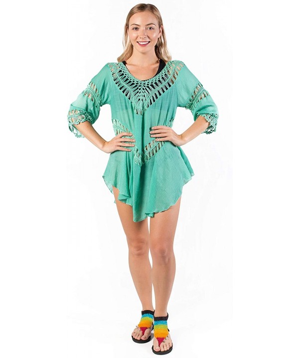 Women's Crochet Beach Swimsuit Cover Up Bohemian Top - Turquoise - CZ18KZH64TR $19.37-Cover-Ups