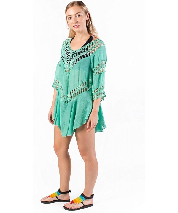 Women's Crochet Beach Swimsuit Cover Up Bohemian Top - Turquoise - CZ18KZH64TR $19.37-Cover-Ups