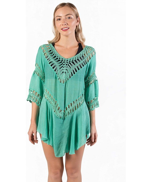 Women's Crochet Beach Swimsuit Cover Up Bohemian Top - Turquoise - CZ18KZH64TR $19.37-Cover-Ups