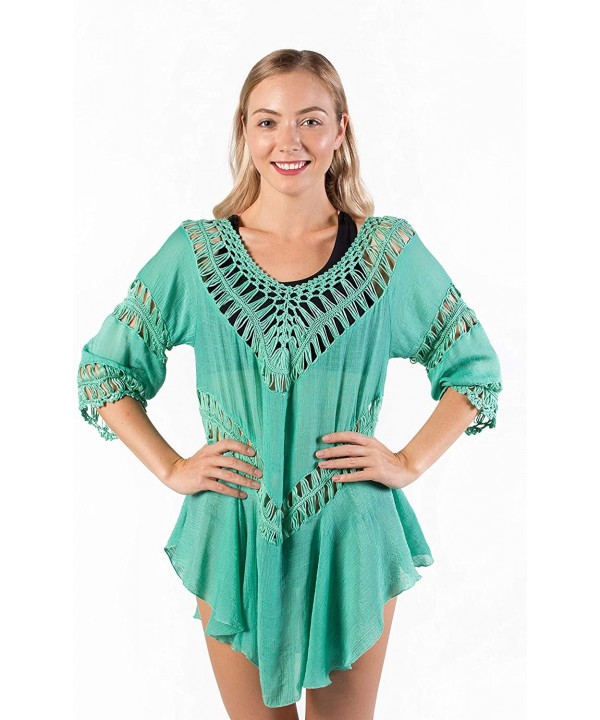 Women's Crochet Beach Swimsuit Cover Up Bohemian Top - Turquoise - CZ18KZH64TR $19.37-Cover-Ups