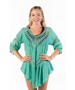 Women's Crochet Beach Swimsuit Cover Up Bohemian Top - Turquoise - CZ18KZH64TR $19.37-Cover-Ups