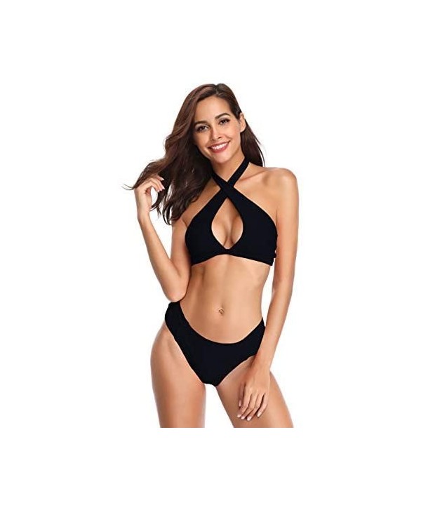 Womens Sexy Criss Cross Two Piece Swimsuits Keyhole Bikini Cheeky Swim Bottom - Manhattan Black - CT18HQR64LC $26.50-Sets