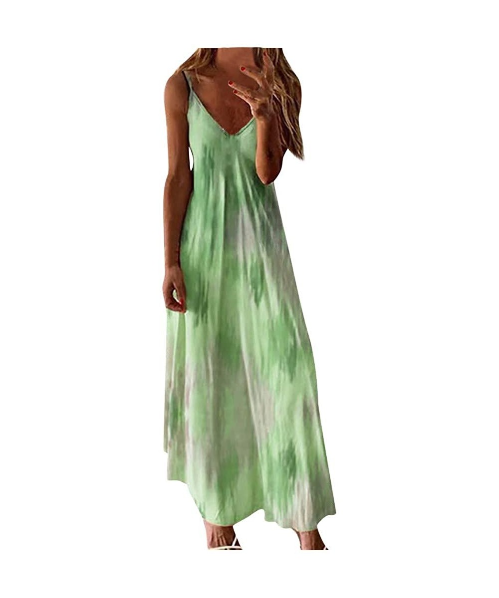 Women's Sexy Spaghetti Strap Summer Long Dresses Sleeveless V Neck Printed Casual Cami Maxi Beach Dress Z1 green - CV199URXRW...