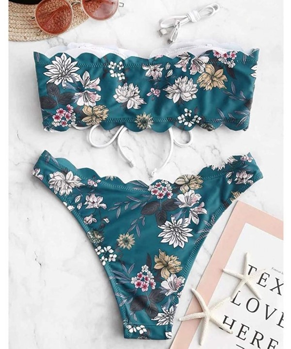 Womens Floral Printed Bikini Sets Lace up Scalloped Bandeau Push Up Bra Tube Tops Bottoms Beachwear Swimsuits Blue - CW19745G...