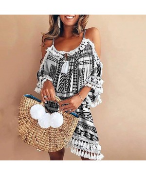 Womens Off Shoulder Dress Tassel Short Cocktail Party Cover Ups Sun Dress Bikini Beach Swimsuits Dresses Sundress - Black-str...