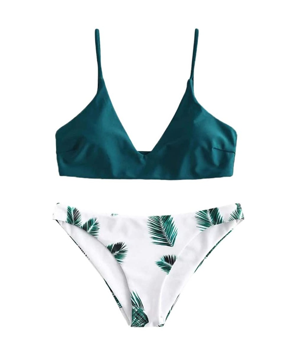 Women's Printed Swimsuits Plain V Neck Top Leaf Brief Two-Piece Bikini Set Beachwear Swimwear - Green - CV194MKNY4X $8.24-Sets