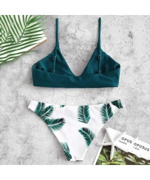 Women's Printed Swimsuits Plain V Neck Top Leaf Brief Two-Piece Bikini Set Beachwear Swimwear - Green - CV194MKNY4X $8.24-Sets