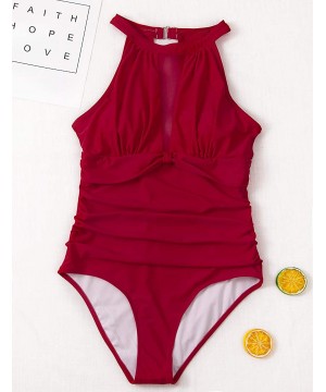 Women One Piece Swimsuit Sports Bathing Suits High Neck Mesh Ruched Monokini Retro Swimwear - Wine Red One Piexe - C118S9T2KH...