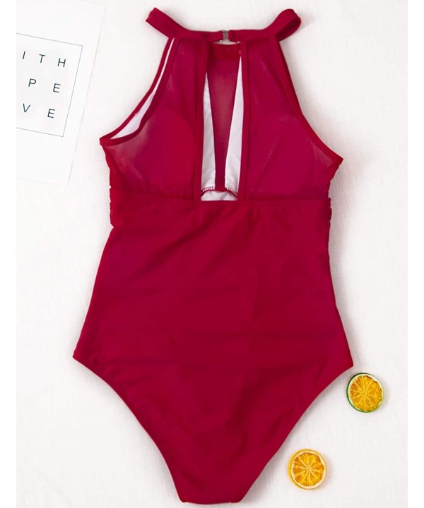 Women One Piece Swimsuit Sports Bathing Suits High Neck Mesh Ruched Monokini Retro Swimwear - Wine Red One Piexe - C118S9T2KH...