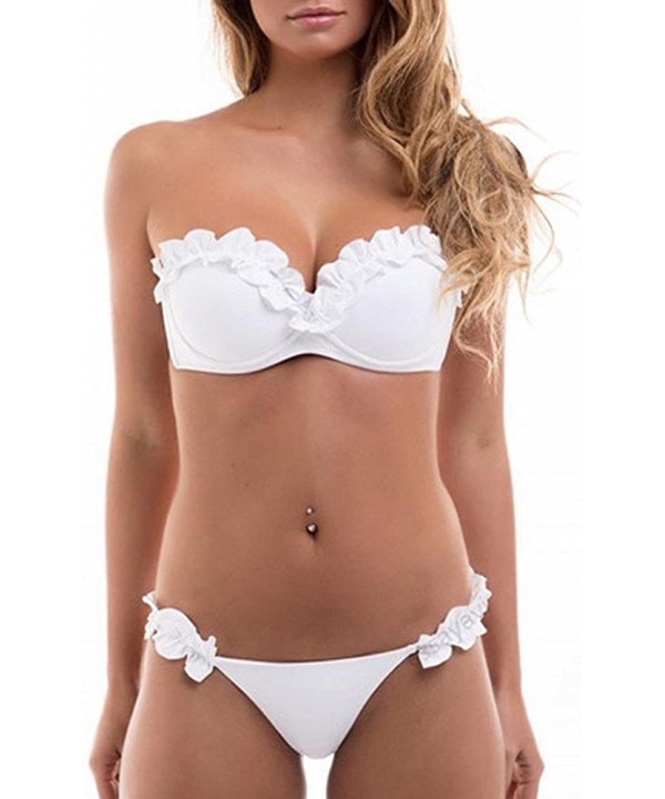 Women Two Pieces High Waisted Ruffle Bikini Set V Neck Solid Swimwear Sexy Swimsuit Beachwear Bathing Suits Zzz white - CW196...