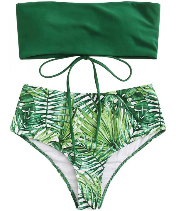 Women's Strapless Lace Up Back Bandeau Bikini Set High Cut Cheeky Swimsuits - Green-2 - C3198D2XGKX $19.67-Sets