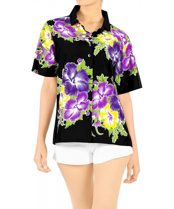 Women Hawaiian Shirt Lightweight Button Down Collar Short Sleeves Pink - Autumn Violet_x20 - CV12MZW8WUR $25.68-Cover-Ups