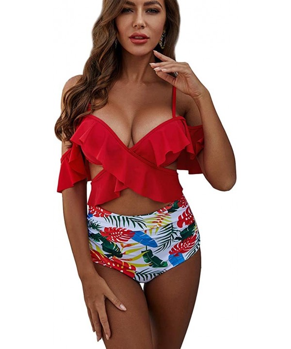 Ruffle High Waist Bikini Off Shoulder Push Up Bandage Cross Bathing Suit - Red Print - CX1942ECRK8 $25.15-Sets