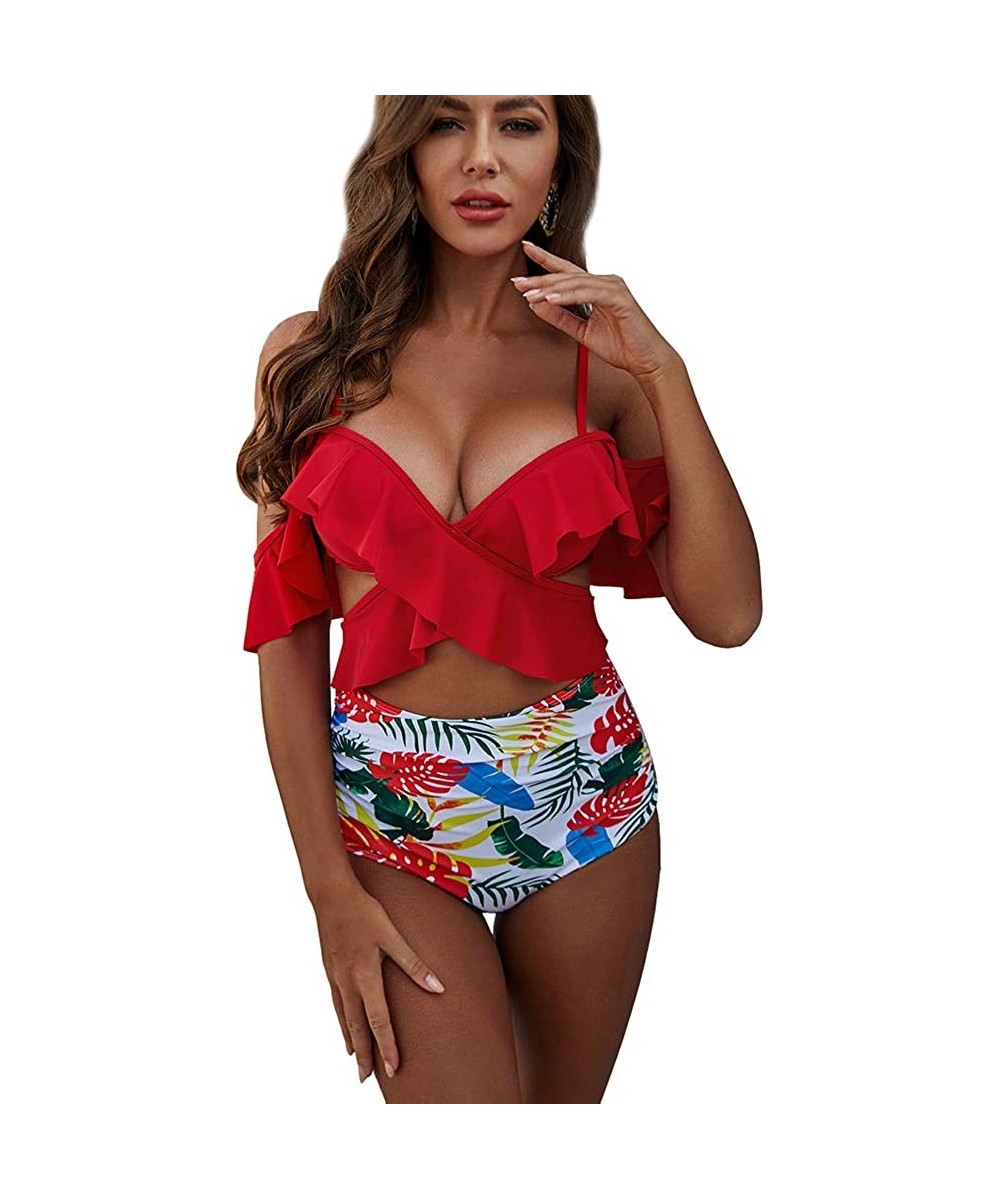 Ruffle High Waist Bikini Off Shoulder Push Up Bandage Cross Bathing Suit - Red Print - CX1942ECRK8 $25.15-Sets