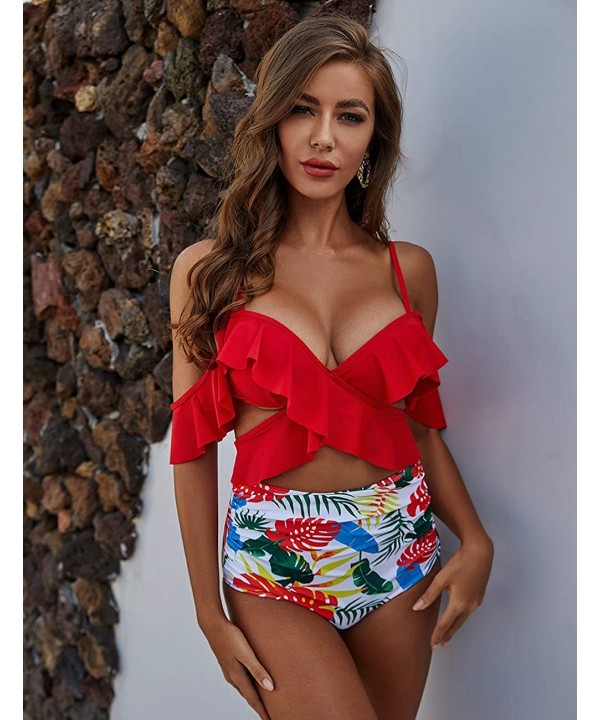 Ruffle High Waist Bikini Off Shoulder Push Up Bandage Cross Bathing Suit - Red Print - CX1942ECRK8 $25.15-Sets