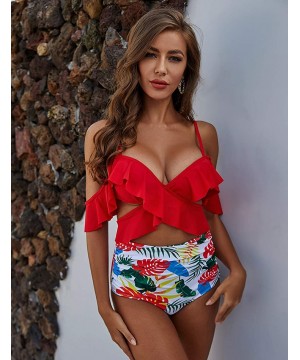 Ruffle High Waist Bikini Off Shoulder Push Up Bandage Cross Bathing Suit - Red Print - CX1942ECRK8 $25.15-Sets