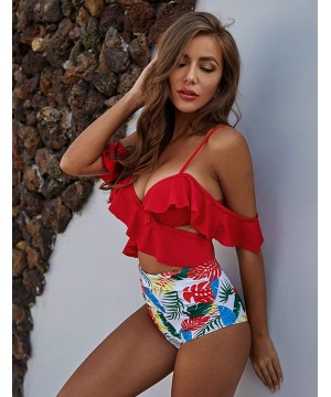 Ruffle High Waist Bikini Off Shoulder Push Up Bandage Cross Bathing Suit - Red Print - CX1942ECRK8 $25.15-Sets