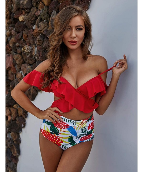 Ruffle High Waist Bikini Off Shoulder Push Up Bandage Cross Bathing Suit - Red Print - CX1942ECRK8 $25.15-Sets