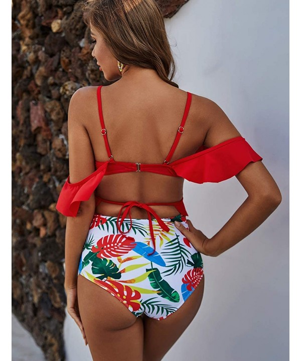 Ruffle High Waist Bikini Off Shoulder Push Up Bandage Cross Bathing Suit - Red Print - CX1942ECRK8 $25.15-Sets