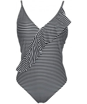 Women's One-Piece Swimsuit Ruffled Swimwear Striped Print Monokini Swimwear Beachwear Bathing Suits - Black - CE18R3W3OA6 $10...