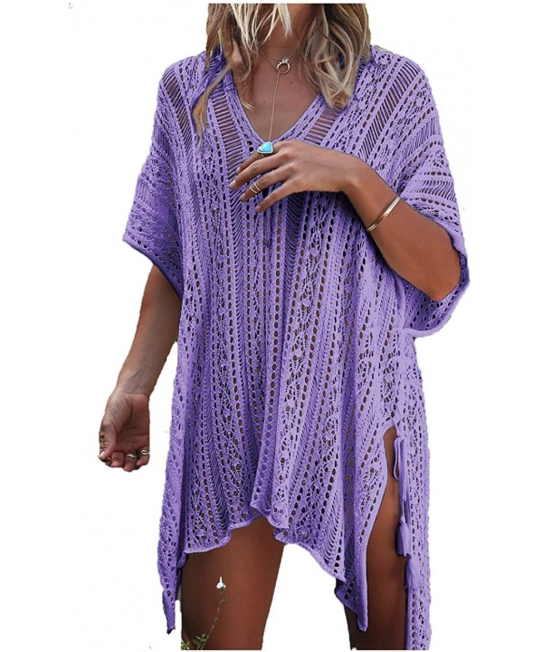 Beach Swimsuit for Women Sleeve Coverups Bikini Cover Up Net - Slit Light Purple - C6188SRW8XQ $17.43-Cover-Ups