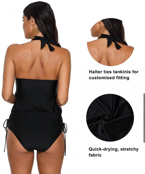 Womens Tankini Swimwear Blouson Halter Two Piece Swimsuit Tummy Control - Black/Halter - CY18CTSWSX3 $24.81-Tankinis