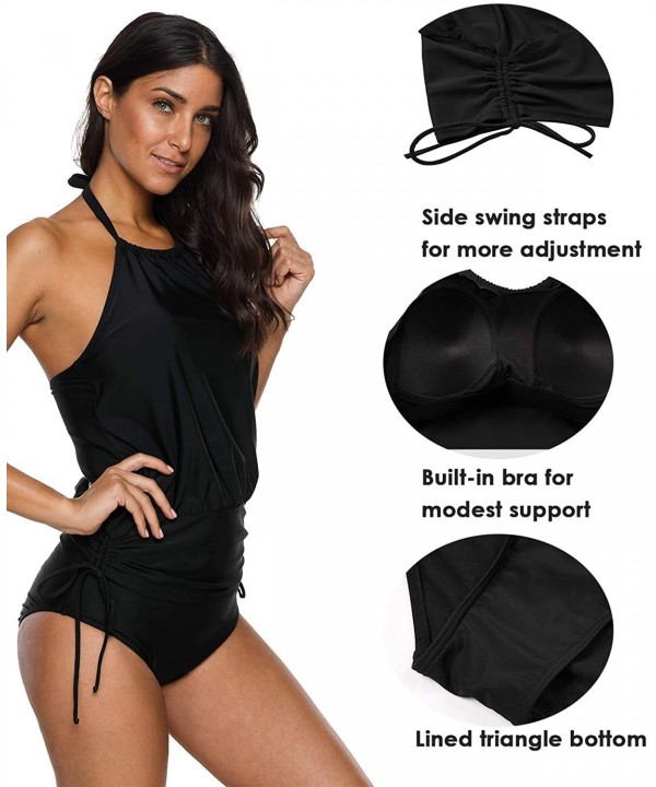 Womens Tankini Swimwear Blouson Halter Two Piece Swimsuit Tummy Control - Black/Halter - CY18CTSWSX3 $24.81-Tankinis