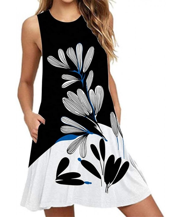 Women's Summer Casual T Shirt Dresses Printed Pocket Tank Dress Beach Cover Up - Black&white - CU18RE4H9ZE $16.83-Cover-Ups