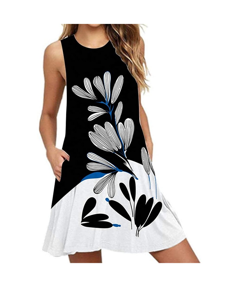 Women's Summer Casual T Shirt Dresses Printed Pocket Tank Dress Beach Cover Up - Black&white - CU18RE4H9ZE $16.83-Cover-Ups