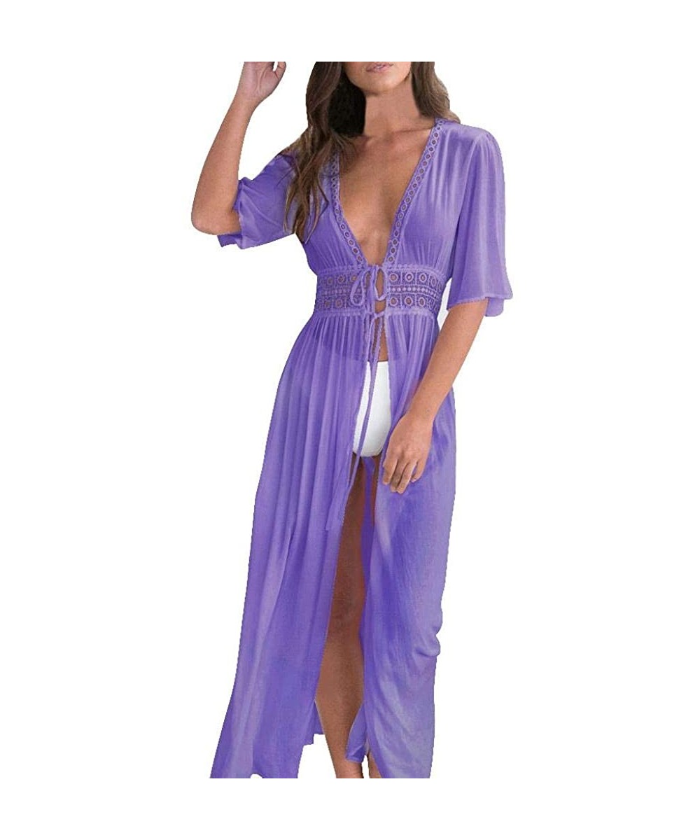 Crochet V Neck Maxi Dresses for Women Bikini Cover Up Cardigan Swimsuit Dress - Purple - CI18HGMMLH8 $17.12-Cover-Ups