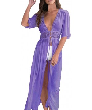 Crochet V Neck Maxi Dresses for Women Bikini Cover Up Cardigan Swimsuit Dress - Purple - CI18HGMMLH8 $17.12-Cover-Ups