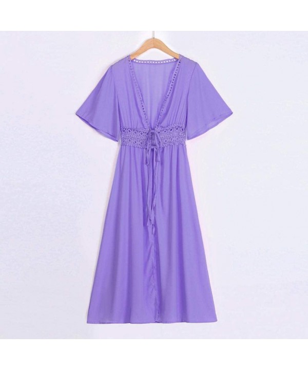 Crochet V Neck Maxi Dresses for Women Bikini Cover Up Cardigan Swimsuit Dress - Purple - CI18HGMMLH8 $17.12-Cover-Ups