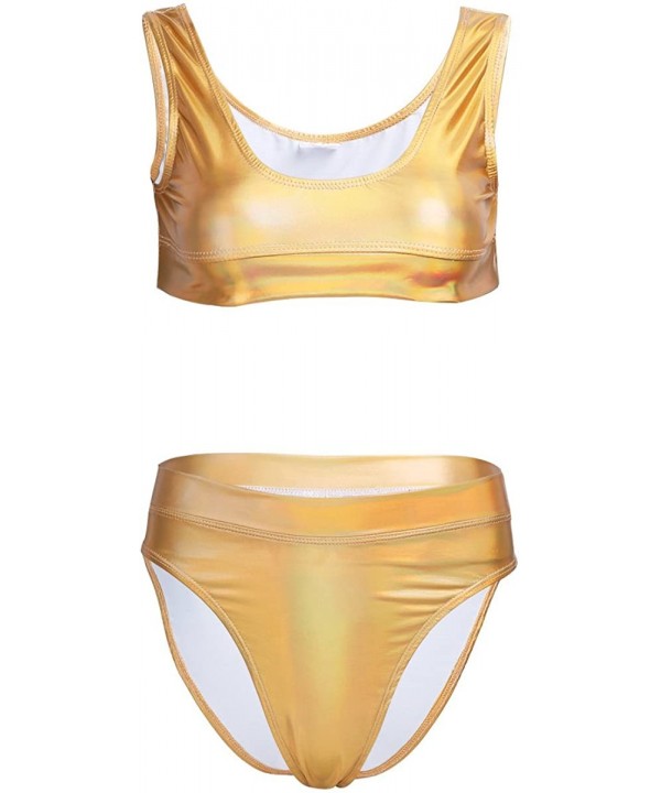 Women's Shiny Metallic Bikini Set Swimsuit Low Scoop Crop Top with High Waisted Bottom - Gold - C918EHGI305 $21.31-Sets